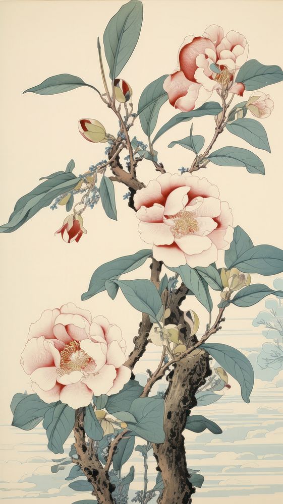 Traditional japanese wood block print illustration of camellias flower painting blossom.