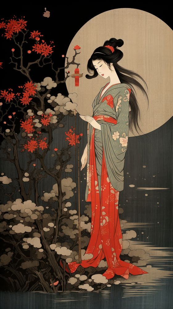 Woman with flowers in nighttime kimono robe art.