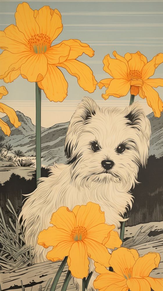Traditional japanese wood block print illustration of a puppy with sunflower drawing mammal animal.