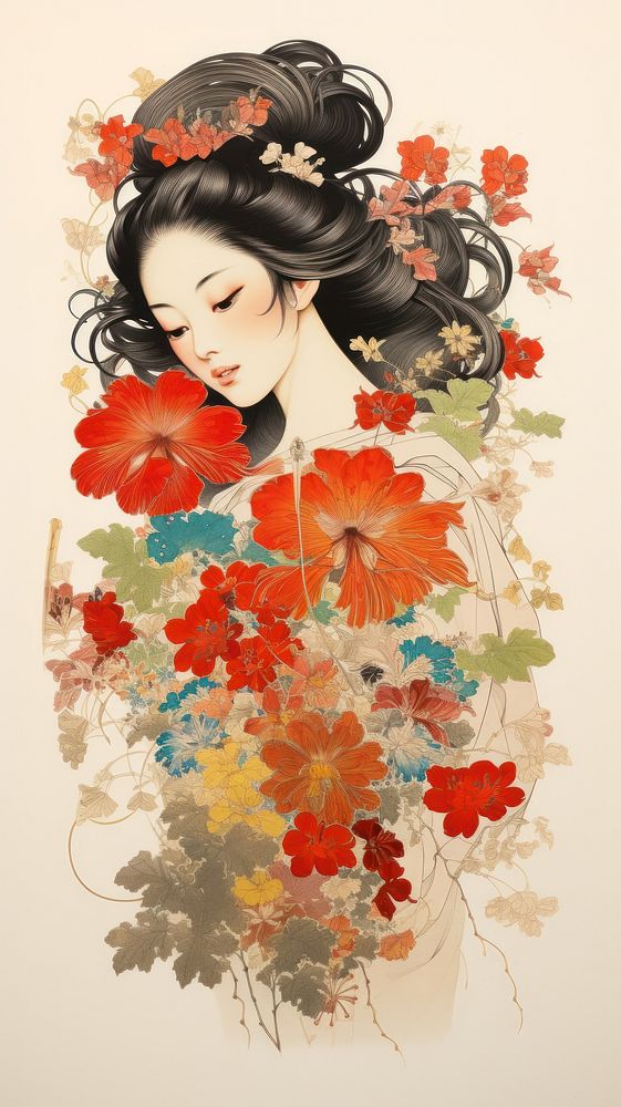 Traditional japanese wood block print illustration of butterfly with flower bouquet painting portrait fashion.