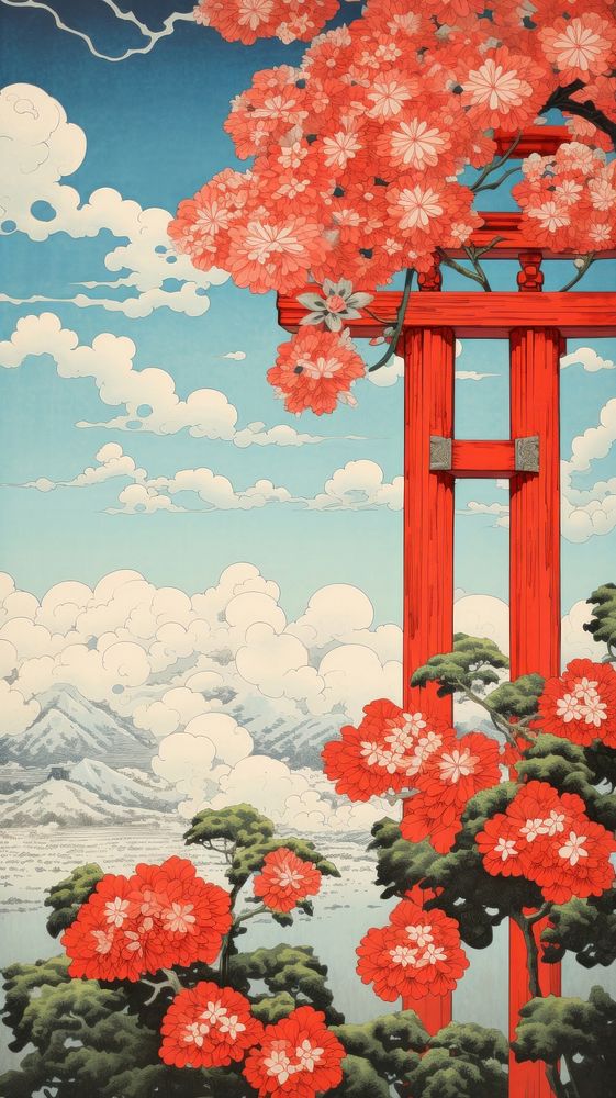 Traditional japanese wood block print illustration of red torii with white flower againts bright sky outdoors nature plant.