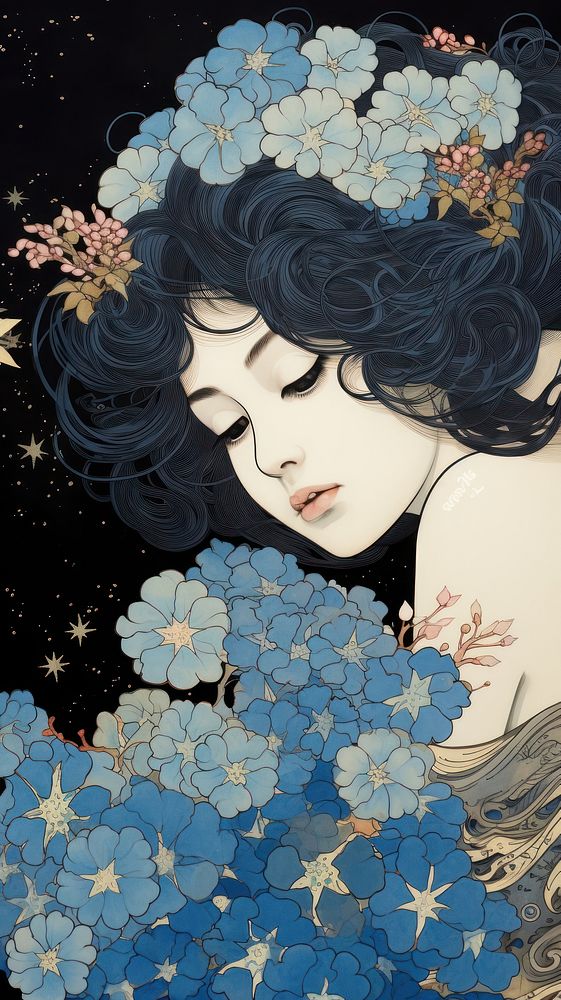 Traditional japanese wood block print illustration of hydrangea with woman face in starry night flower portrait adult.
