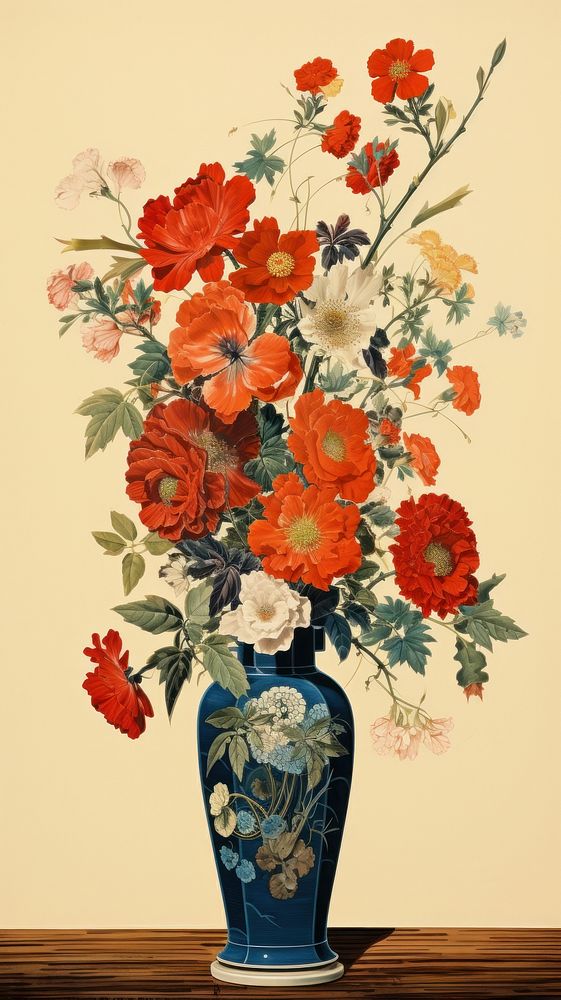 Traditional japanese wood block print illustration of flower vase painting plant rose.
