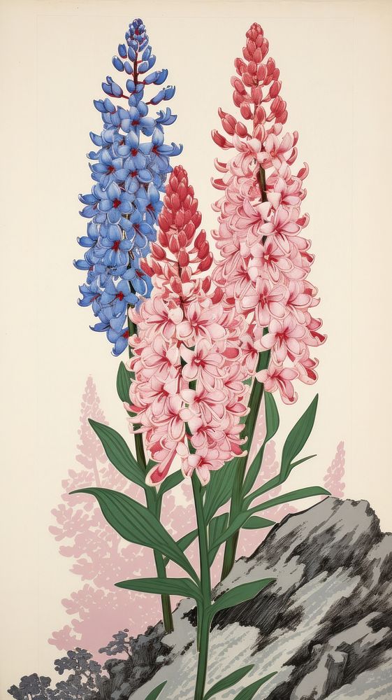 Traditional japanese wood block print illustration of hyacinth flower blossom plant.