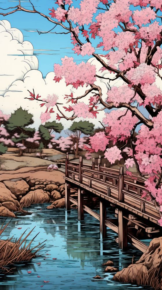 Traditional japanese wood block print illustration of a bridge with blossom spring flowers outdoors nature plant.