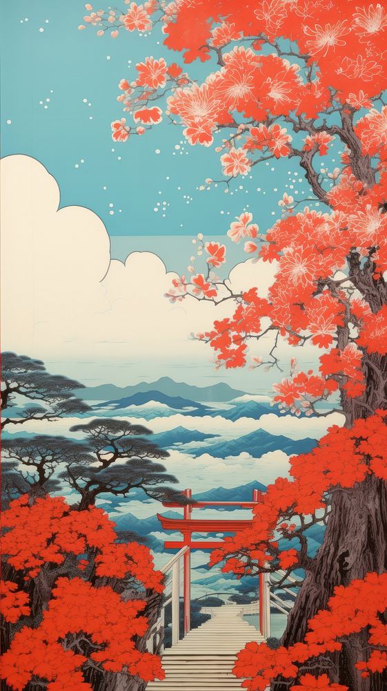 Traditional japanese wood block print illustration of red torii with white flower againts bright sky outdoors nature plant.