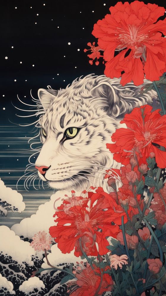 Traditional japanese wood block print illustration of tiger with red spider lily againts night sky pattern animal mammal.