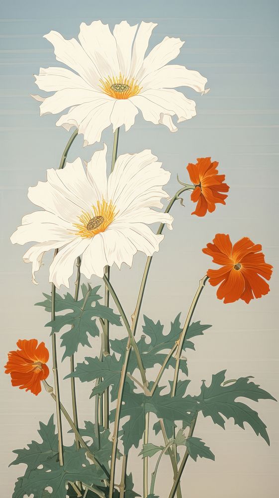 Traditional japanese wood block print illustration of daisy flower petal plant.
