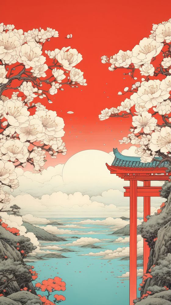 Traditional japanese wood block print illustration of red torii with white flower againts bright sky art architecture…