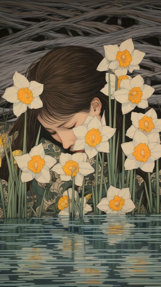 Traditional japanese wood block print illustration of woman with narcissus flower portrait plant.