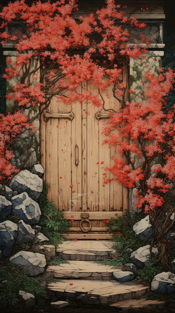 Traditional japanese wood block print illustration of a door with blossom spring flowers outdoors autumn nature.
