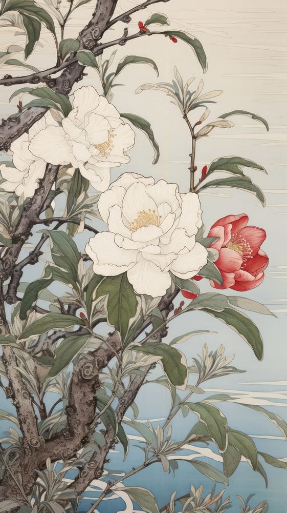 Traditional japanese wood block print illustration of camellias flower painting pattern.