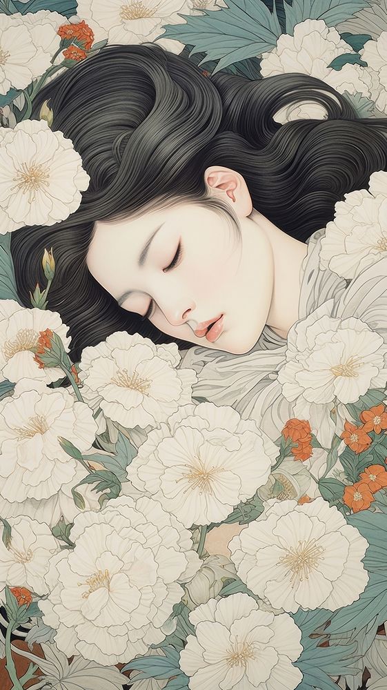Traditional japanese wood block print illustration of white primrose over ear sleeping portrait flower.