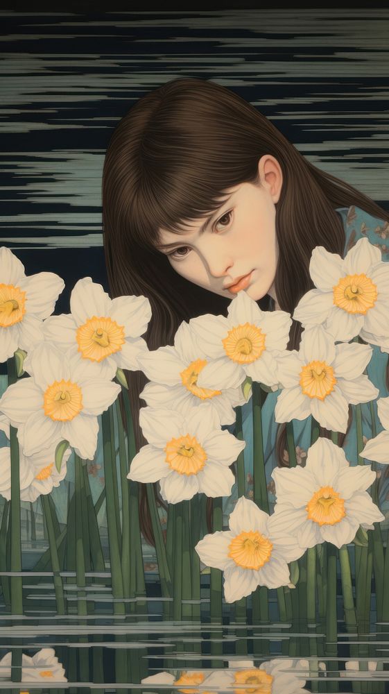 Traditional japanese wood block print illustration of woman with narcissus flower daffodil portrait.