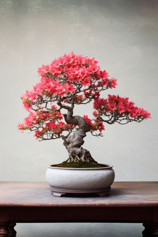 An isolated azalea bonzai pot bonsai flower plant. AI generated Image by rawpixel.