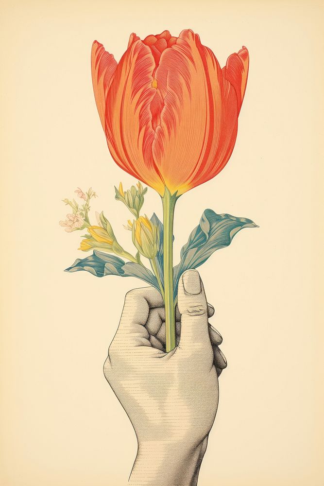 An isolated hand hold tulip flower art drawing. AI generated Image by rawpixel.