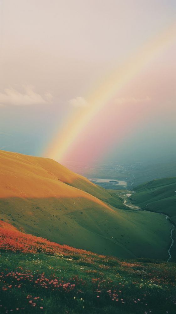 Photography rainbow with hillside landscape nature grassland outdoors.