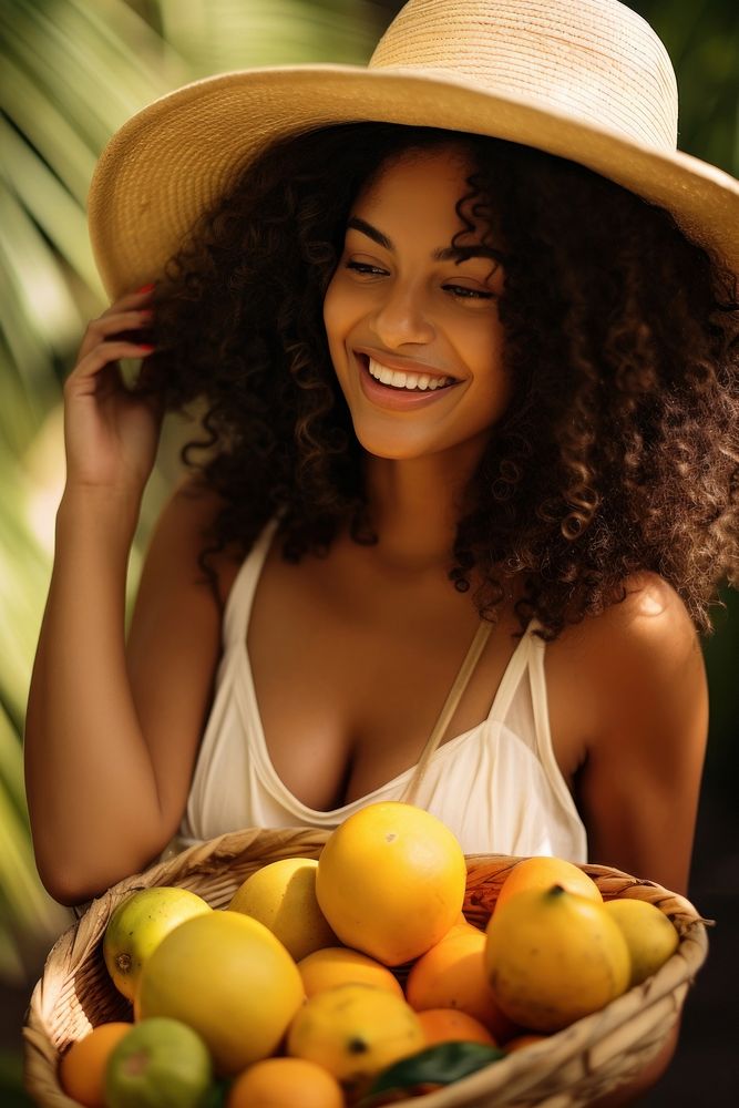 A joyful young Cuban woman holding a bag full of fruits and vegetable photography portrait plant.