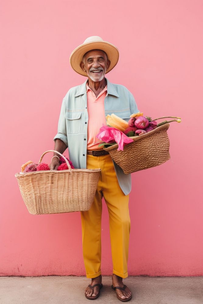 A joyful Cuban senior man holding shopping basket adult accessories harvesting.
