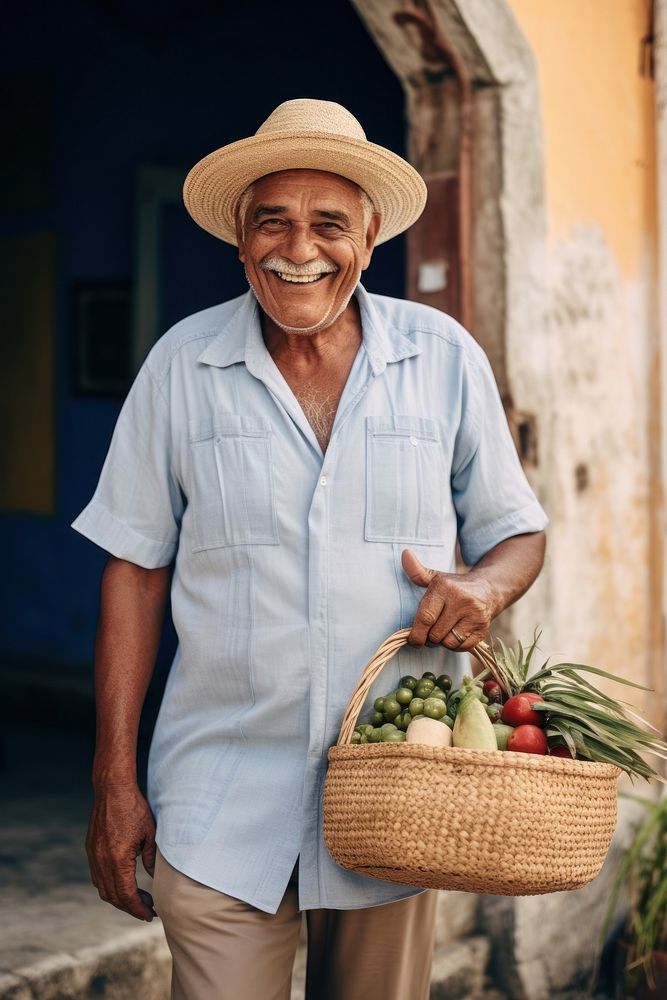 A joyful Cuban senior man holding shopping basket adult men architecture.