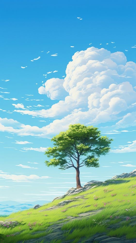  A tree on hill against blue sky landscape grassland outdoors. AI generated Image by rawpixel.