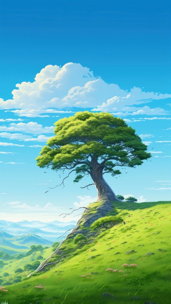  A tree on hill against blue sky landscape outdoors scenery. AI generated Image by rawpixel.