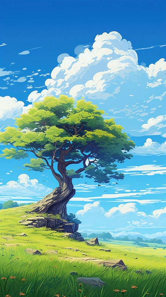  A tree on hill against blue sky landscape grassland outdoors. AI generated Image by rawpixel.