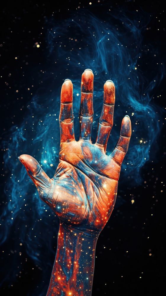  Giant hand in the galaxy astronomy universe nebula. AI generated Image by rawpixel.
