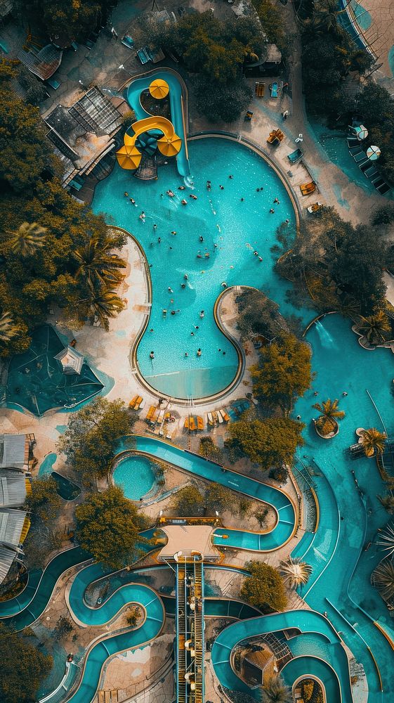 Aerial top down view of waterpark outdoors recreation reflection.
