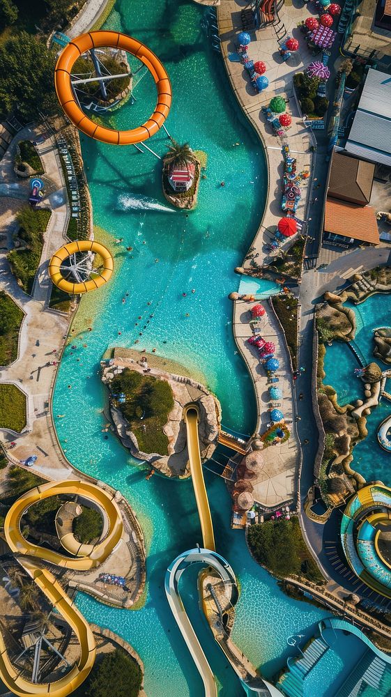 Aerial top down view of waterpark outdoors transportation architecture.