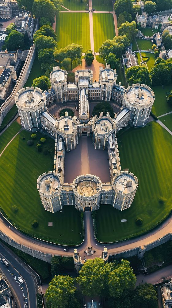Aerial top down view of Windsor Castle architecture cityscape landscape.