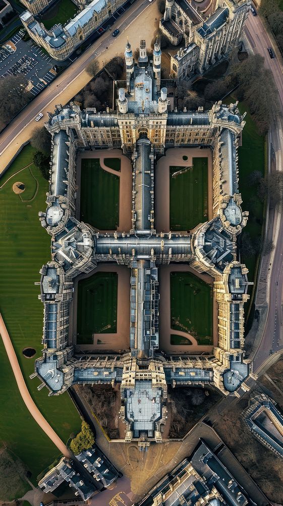 Aerial top down view of Windsor Castle architecture building outdoors.