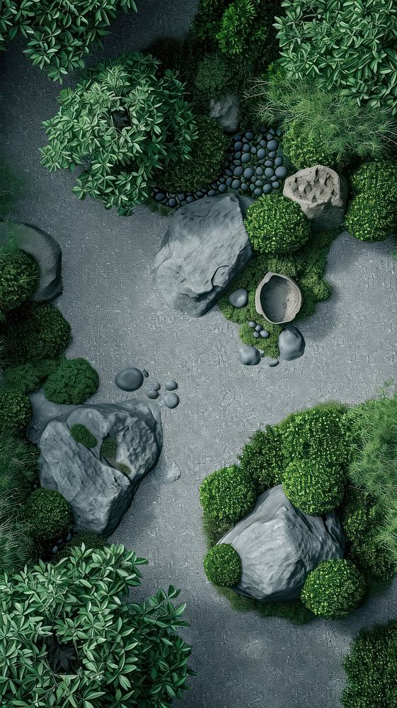 Aerial top down view of zen stone garden outdoors nature plant.