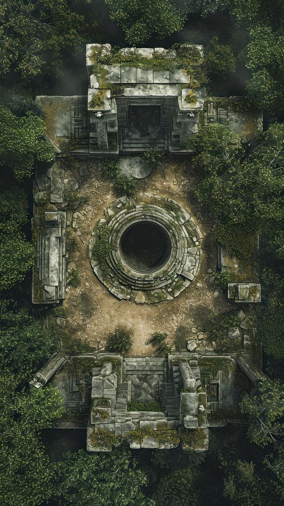 Aerial top down view of ancient ruin outdoors nature forest.