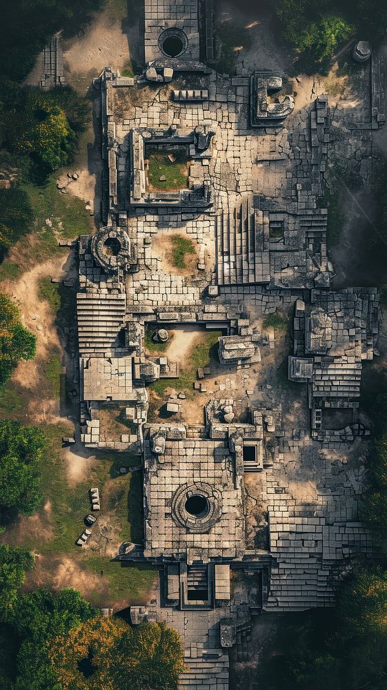 Aerial top down view of ancient ruin ruins architecture archaeology.