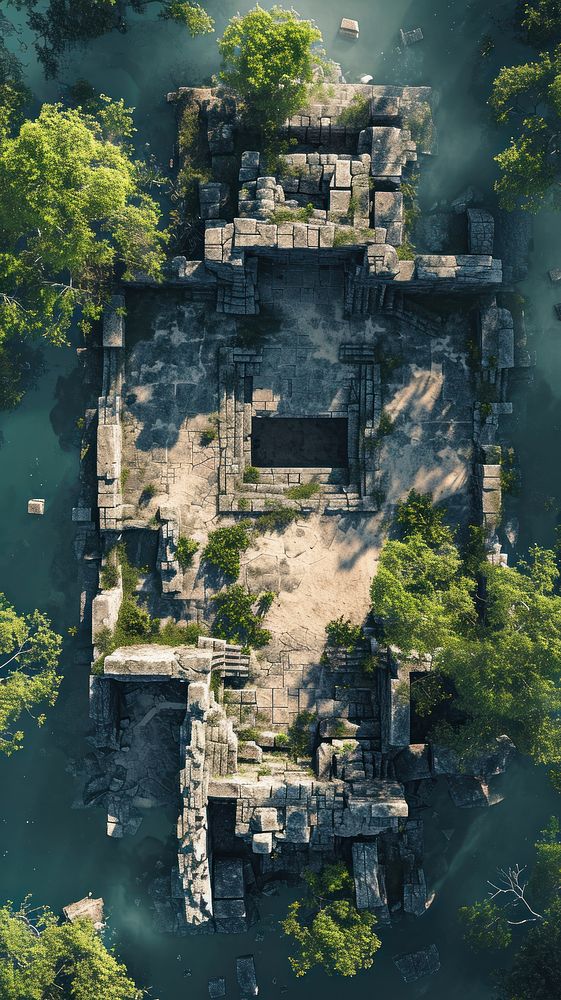 Aerial top down view of ancient ruin architecture building outdoors.
