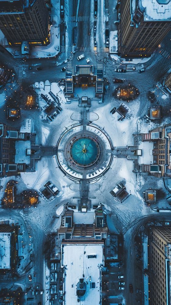 Aerial top down view of city plaza in winter architecture cityscape outdoors.