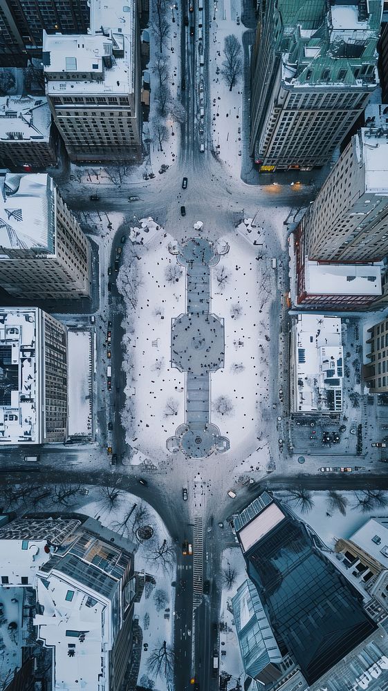 Aerial top down view of city plaza in winter architecture cityscape landscape.