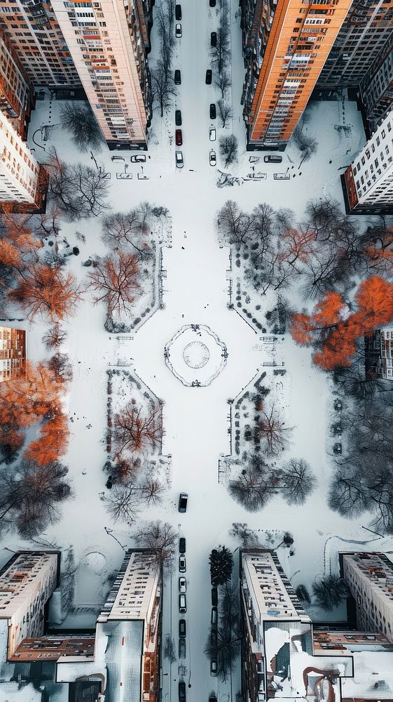 Aerial top down view of city plaza in winter architecture cityscape outdoors.