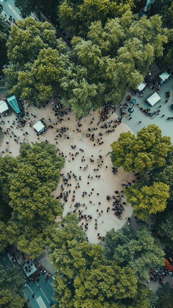 Aerial top down view of crowded park architecture outdoors nature.