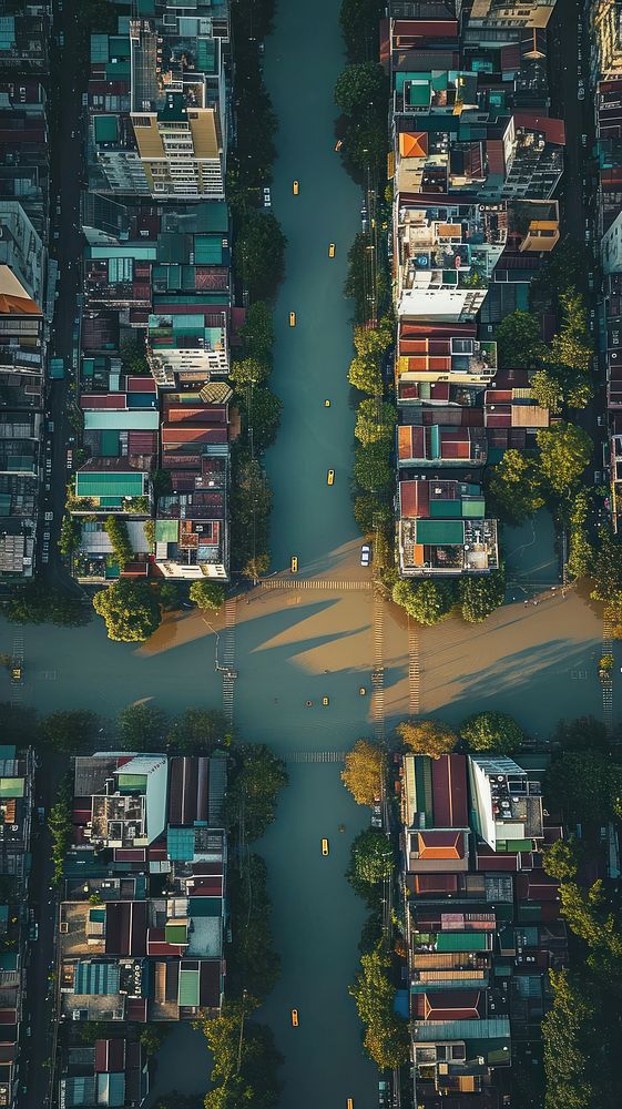Aerial top down view of flood in city architecture cityscape outdoors.