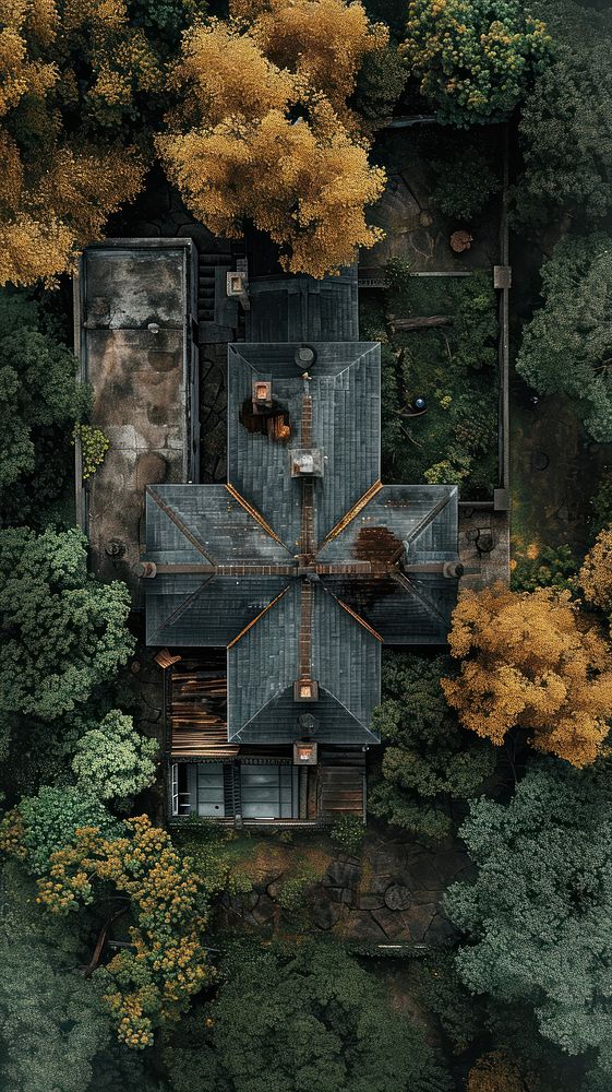 Aerial top down view of haunted house architecture building outdoors.