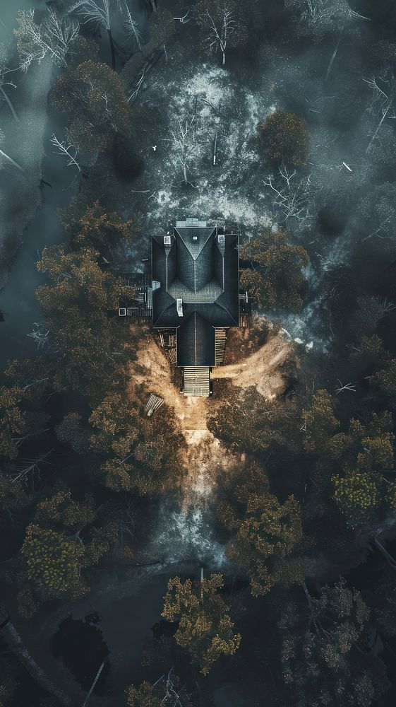 Aerial top down view of haunted house outdoors vehicle nature.