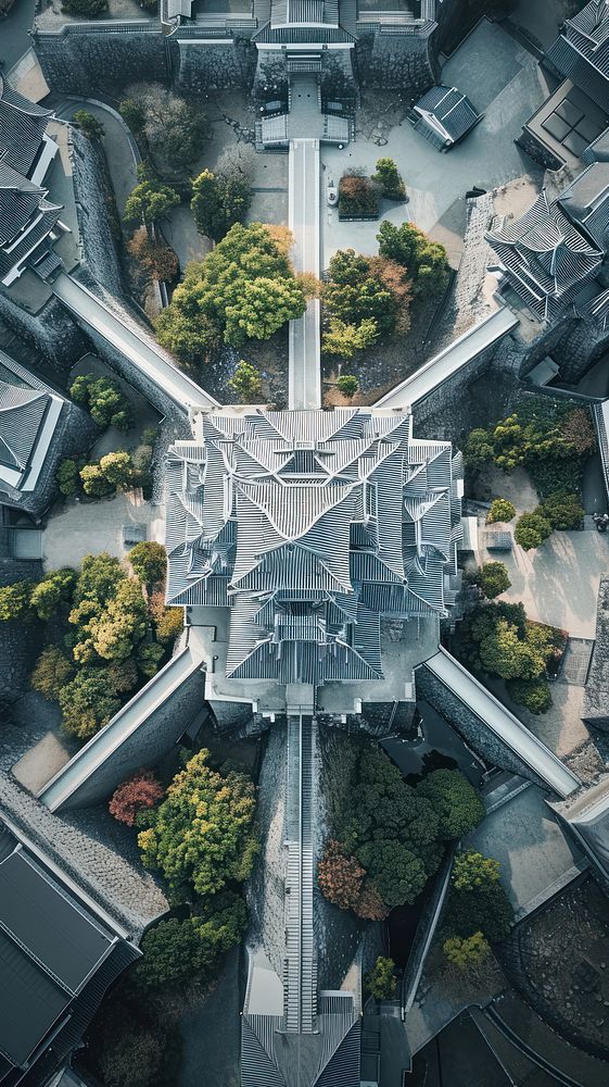 Aerial top down view of Himeji Castle architecture cityscape outdoors.