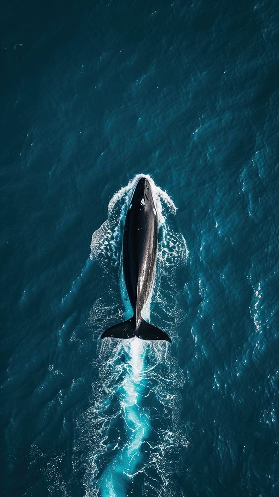 Aerial top down view of ocean with whale outdoors dolphin animal.