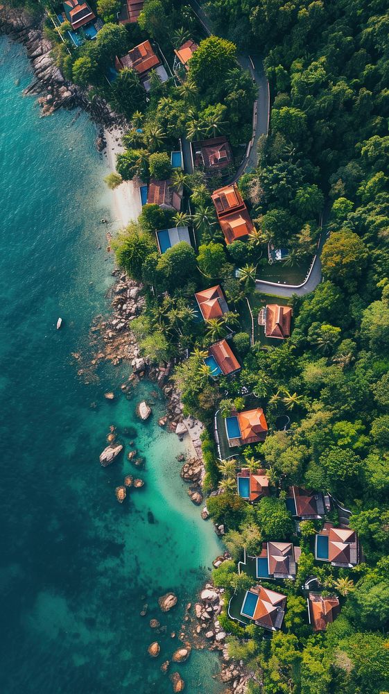 Aerial top down view of Phuket architecture landscape outdoors.