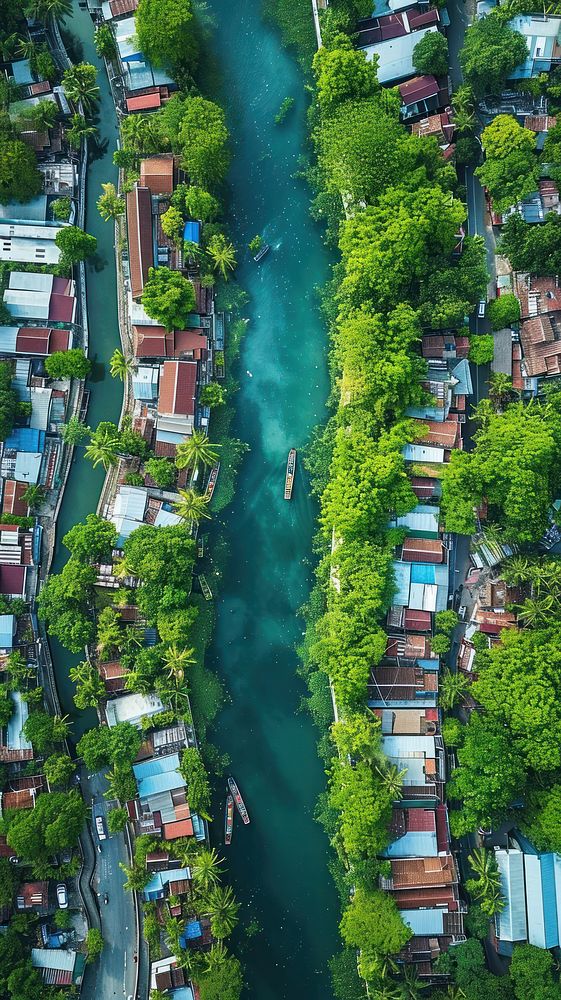 Aerial top down view of Southeast Asia canal architecture landscape outdoors.