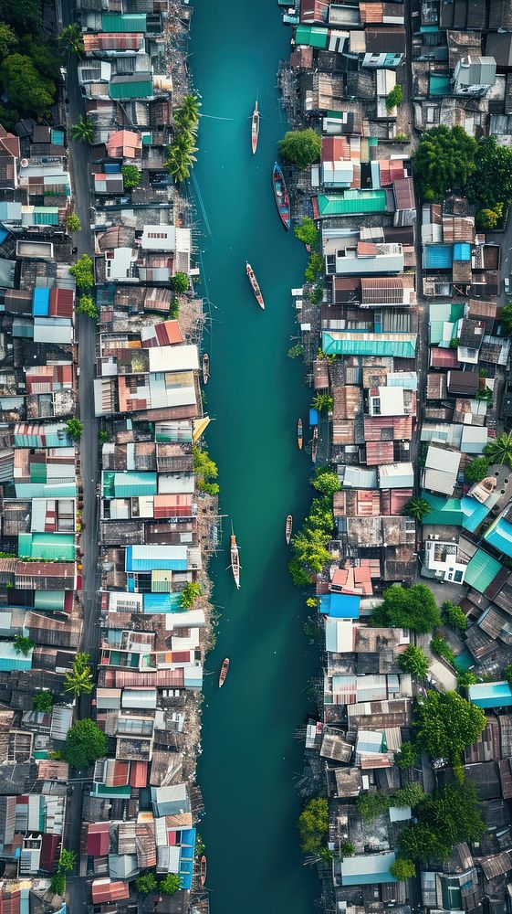 Aerial top down view of Southeast Asia canal architecture cityscape landscape.