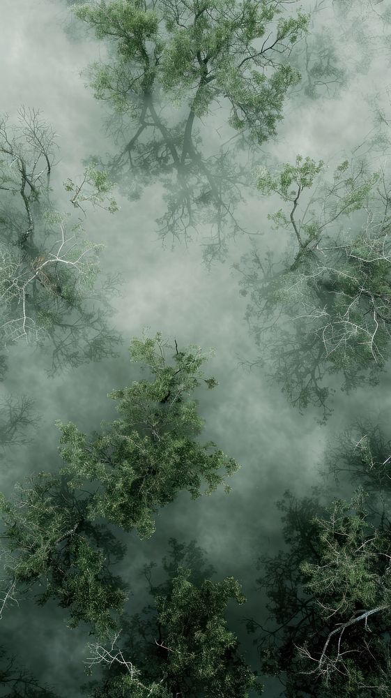 Aerial top down view of swamp with fog landscape outdoors woodland.