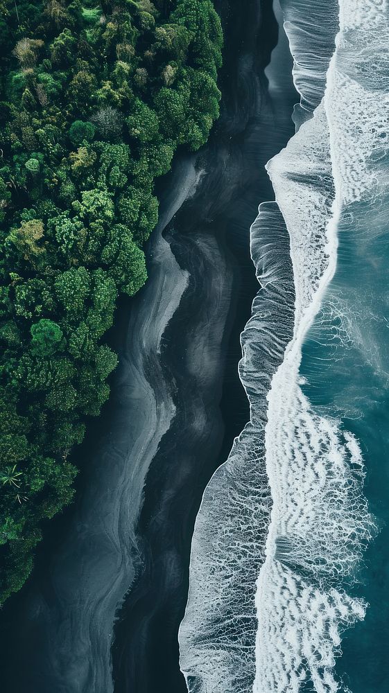 Aerial top down view of stunning black beach landscape outdoors nature.